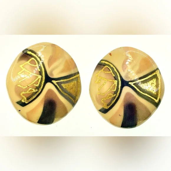 Vintage Porcelain Painted Oval Clip On Earrings Abstract Design - Picture 5 of 7